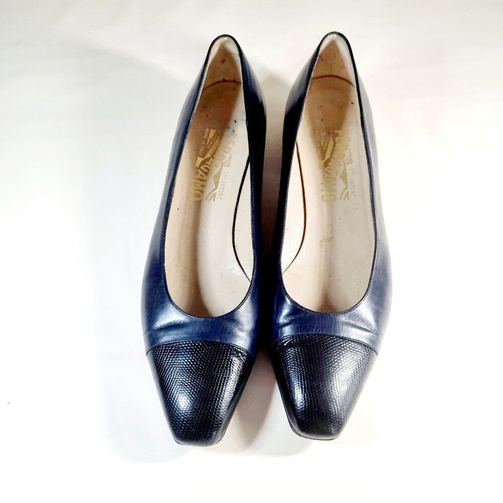 Salvatore Ferragamo Navy Blue Cap Toe Pumps (Vintage)